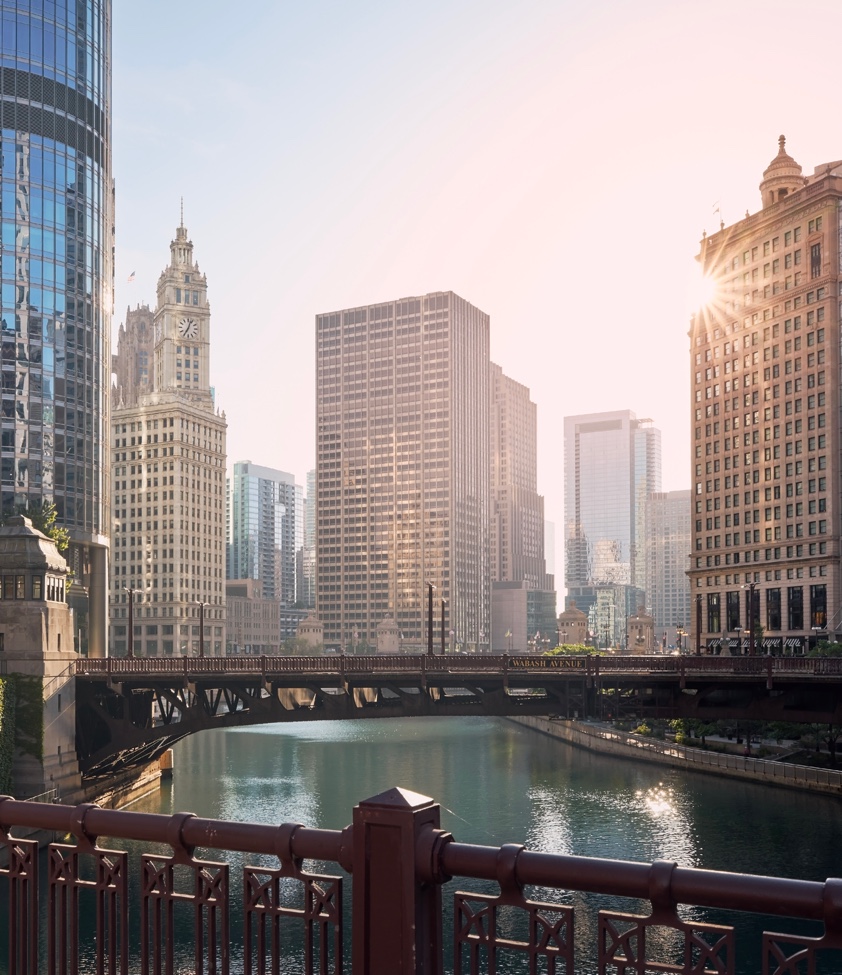 Bridges over Chicago River amidst skyscrapers